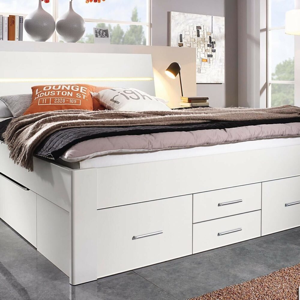 Bed SCARLETT 180x200 cm wit met zes lades met hoofdeinde met led