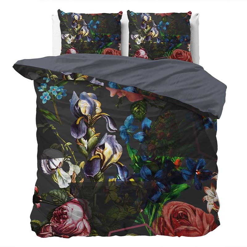 Dekbedovertrek Zina - Lits-Jumeaux (240x220 cm) - & Antraciet Polyester-katoen - Dessin: Bloemen - Manilla - Dekbed-Discounter.nl