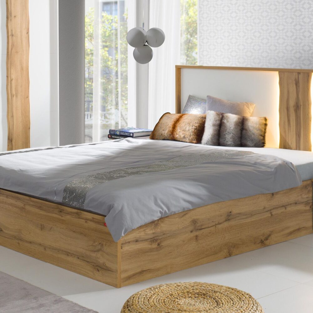 Tweepersoonsbed WOLFPA 160x200 cm hoogglans wit/wotan eik