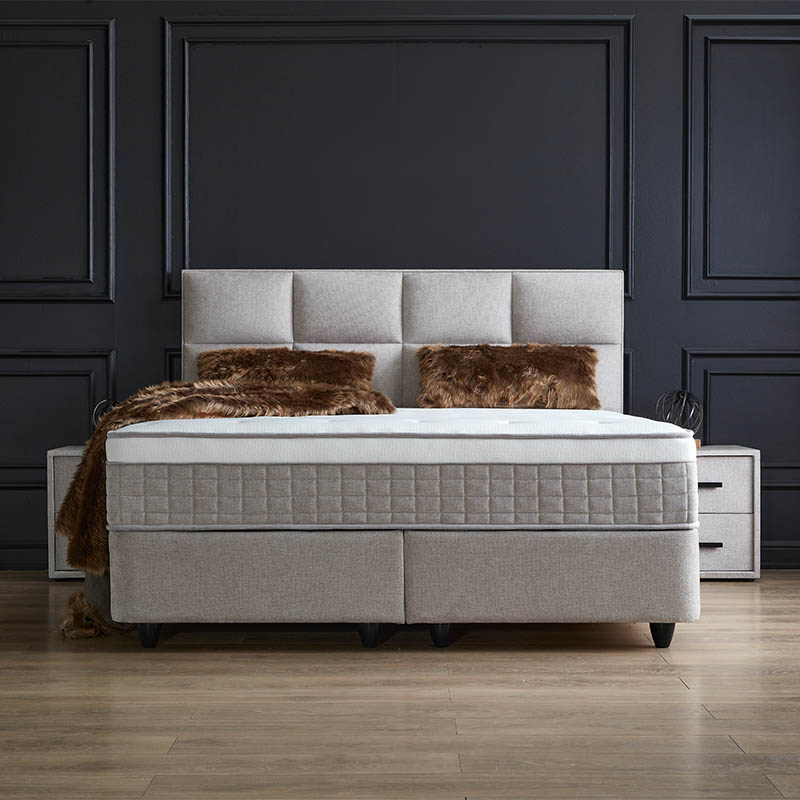 2-Persoons Boxspring met opbergruimte Ayana - Grijs/ Beige 160x200 cm - Pocketvering - Inclusief Topper - Dekbed-Discounter.nl