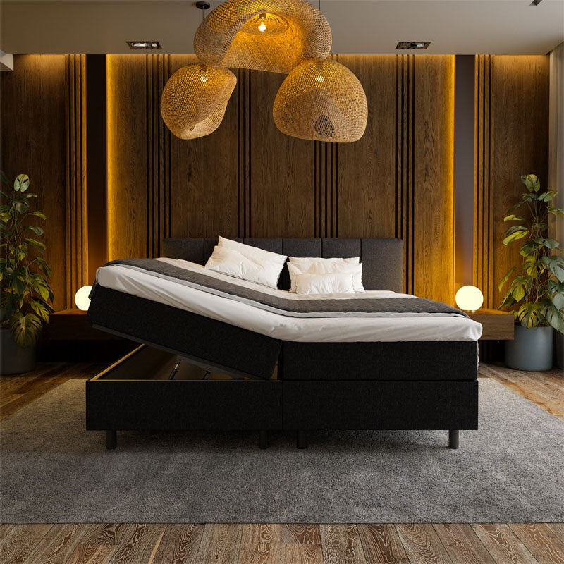 Boxspring Met Opbergruimte Wide Zwart 90x200 Cm Rechts Open Comfortschuim Topper 4 Cm 7 Comfortzones & Normale Instap & Direct Leverbaar & Medium