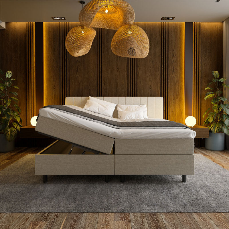 1-Persoons Boxspring Met Opbergruimte Beam - Beige - Beige 90x200 Cm - Pocketvering - Inclusief Topper - Dekbed-Discounter.nl