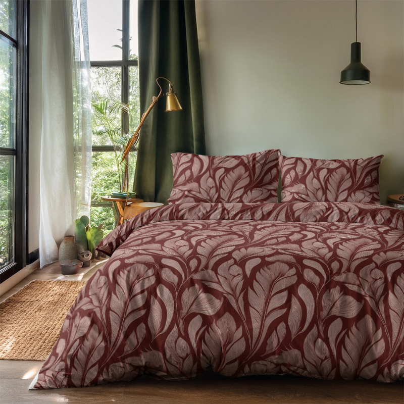 Dekbedovertrek Burgundy Leafs Eenpersoons (140x200 Cm) Rood Microvezel Natuur Zydante - Overtrek - 140x200 Cm (Eenpersoons) - Zydante - Dekbed-Discounter.nl