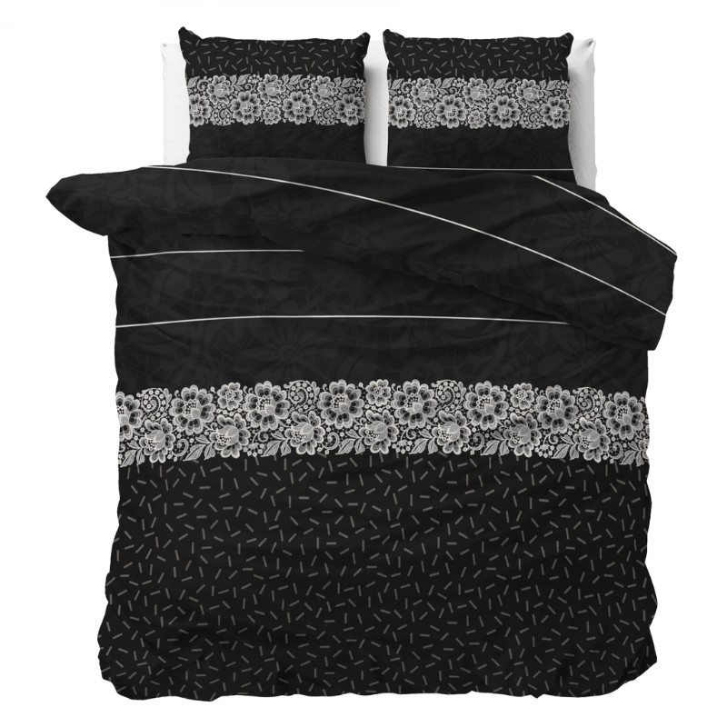 Dekbedovertrek Dervio - Antraciet - Tweepersoons (200x200 Cm) - Antraciet Polyester-katoen - Strepen & Bloemen - Sleeptime Elegance - Dekbed-Discounter.nl