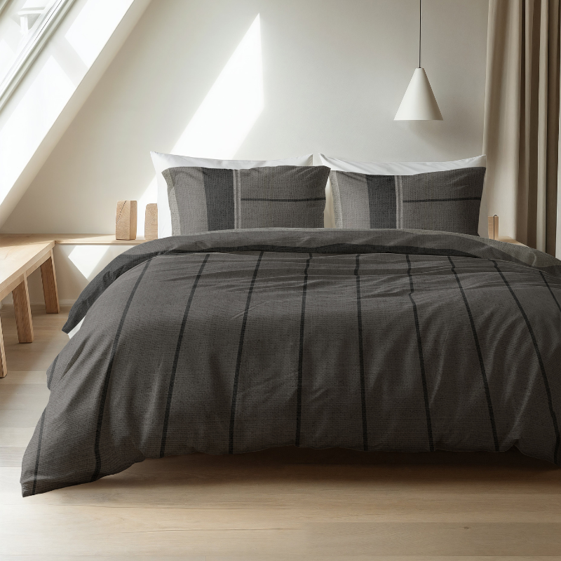 Dekbedovertrek Flanel Kees - Taupe - Tweepersoons (200x200 Cm) - Grijs & Antraciet & Meerkleurig Flanel - Strepen - Sleeptime Elegance - Dekbed-Discounter.nl