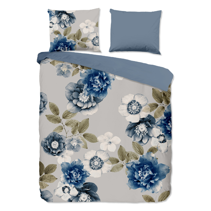 Tot -60% | Dekbedovertrek Katoen - Gabin - Tweepersoons (200x200 Cm) - Grijs & Blauw & Meerkleurig Katoen Flanel - Bloemen - Good Morning - Dekbed-Discounter.nl